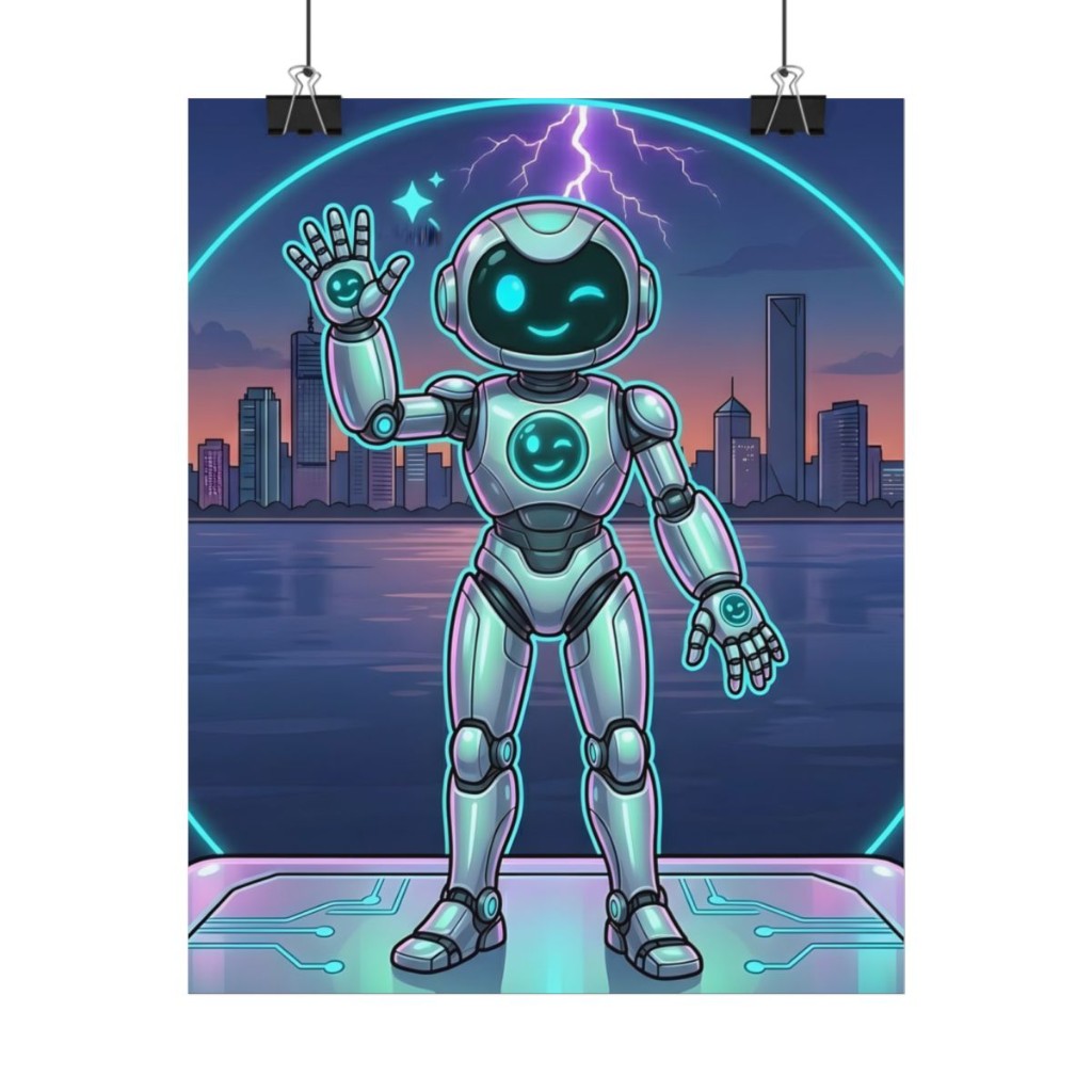 GwenBot poster — portal pose with Brisbane skyline, cyan ring, and lightning bolt